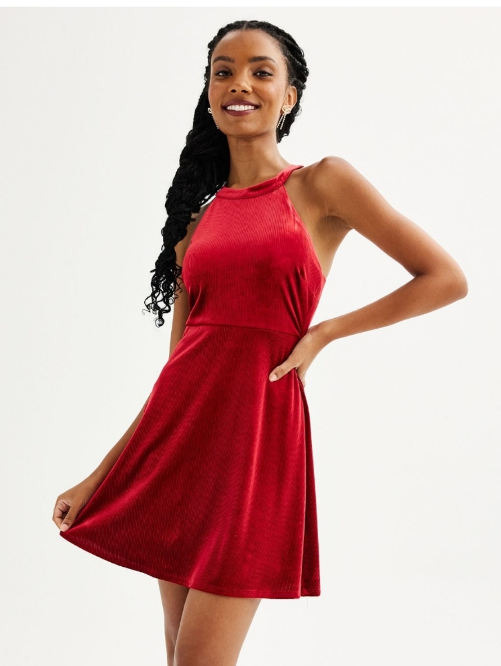 NWT Red Velvet Halter Mini Dress with Textured Finish